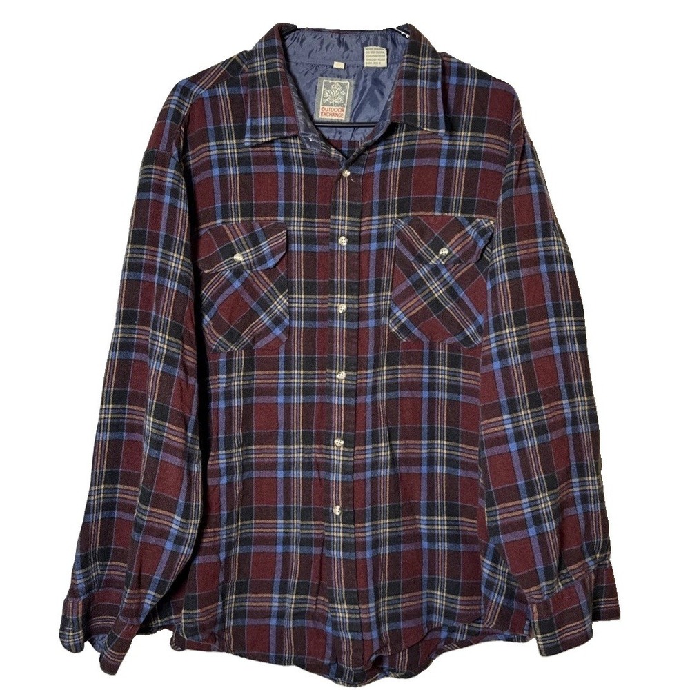 VTG Outdoor Exchange Mens XXL Plaid Flannel Shirt Burgundy Blue Korea
